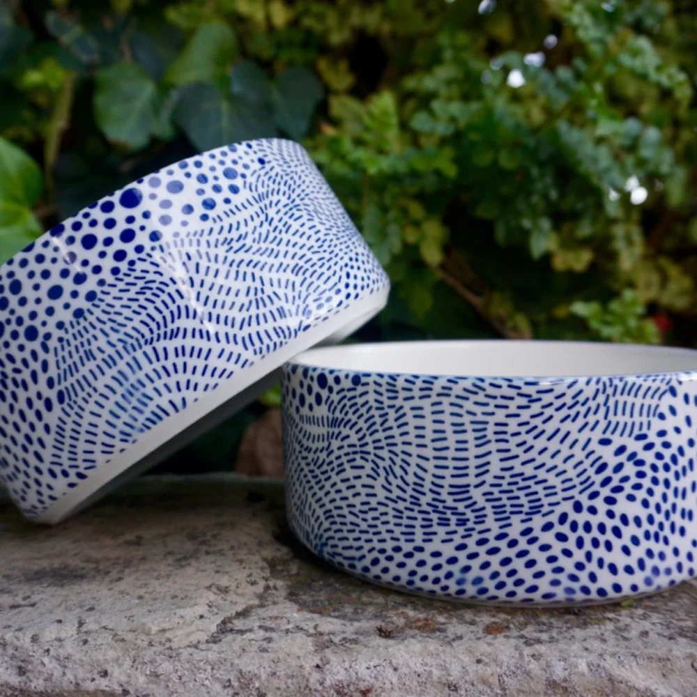 Modern Ceramic Dog Bowl in Blue Dot Pattern